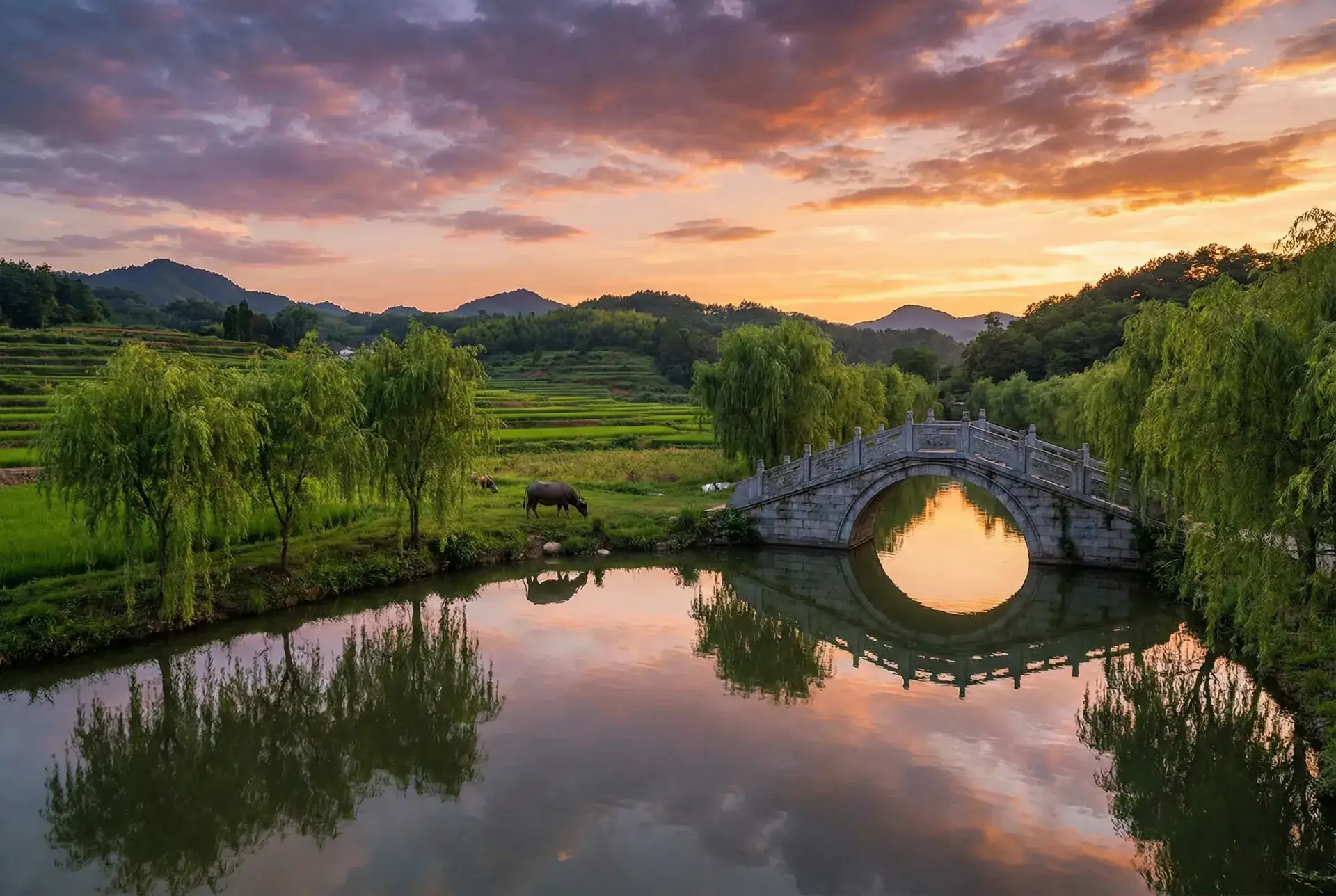 夕阳下的石拱桥与垂柳，水牛在河边吃草 - 甜蜜惩罚第二季 乡村美景